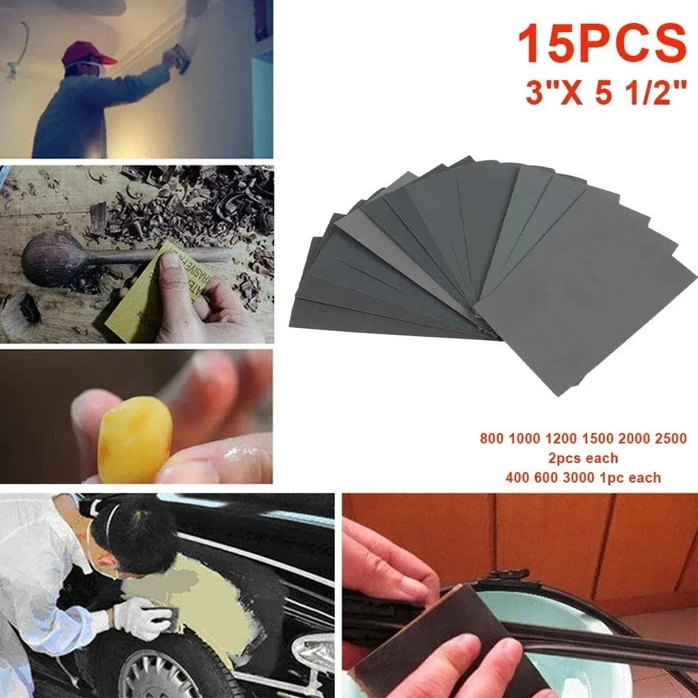 15 Pcs Sandpaper Sheets, 13 Grits 120–5000 Wet Dry Assortment for Wood & Metal
