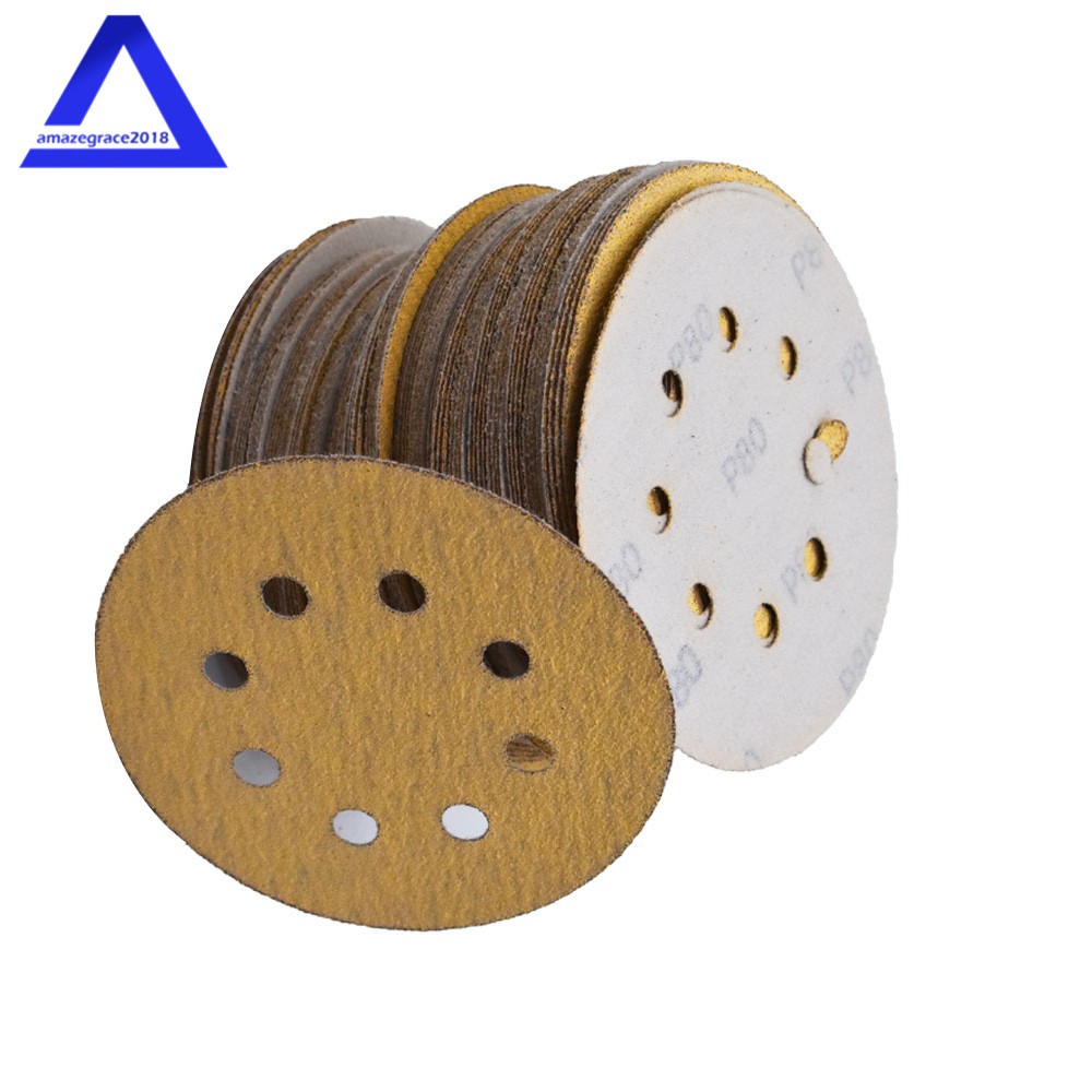 100Pack 5″ 8 Holes Sanding Disc Hook and Loop Flocking Sandpaper 60-320 Grit