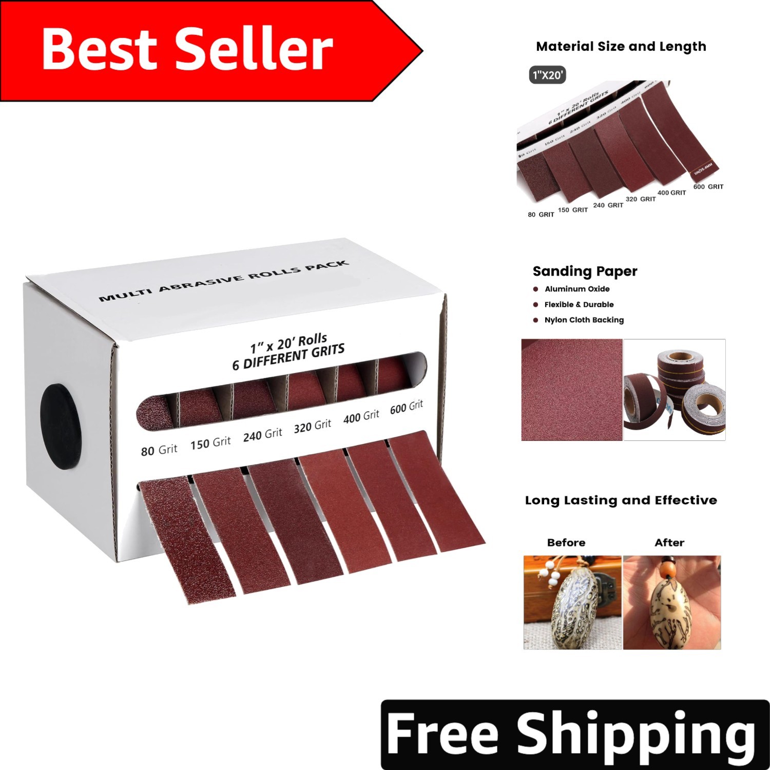 6 Grit Sandpaper Roll – 1” x 20FT Emery Cloth with Easy Dispenser for Crafts