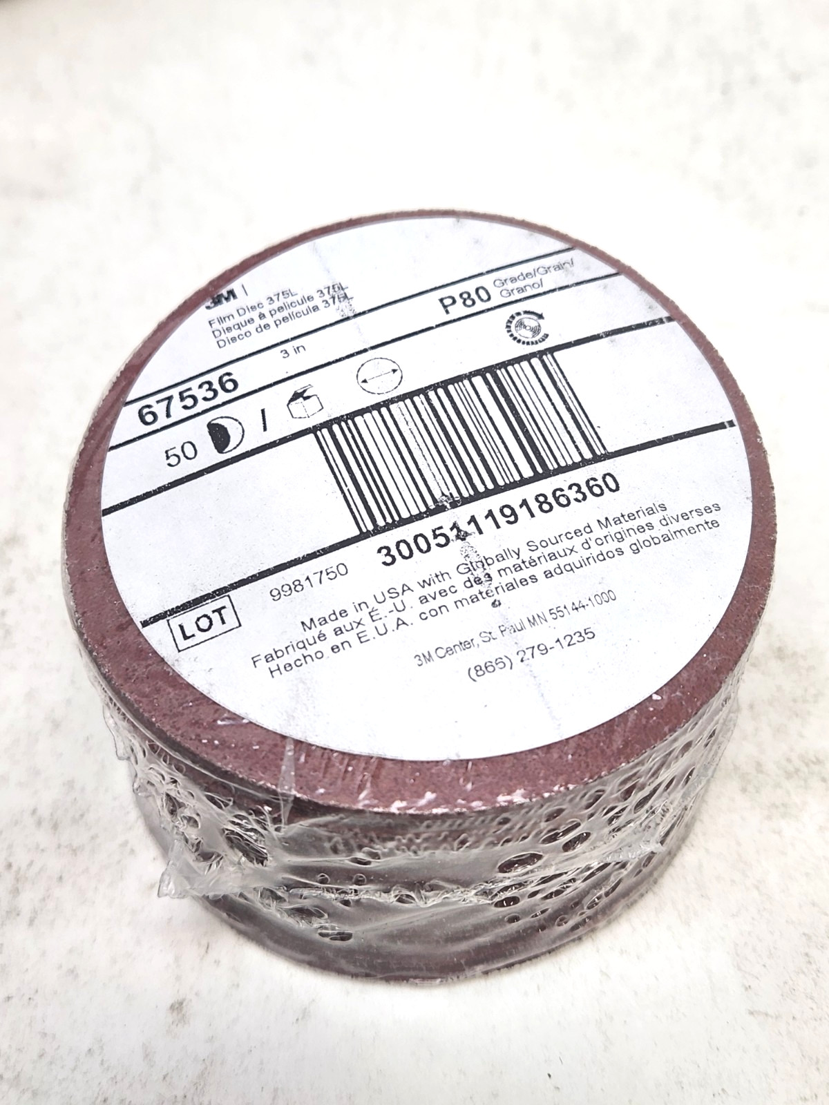 50 DISCS – 3M Hookit Film Discs 375L #67536 P80 Grit Sanding Discs (No-Holes)