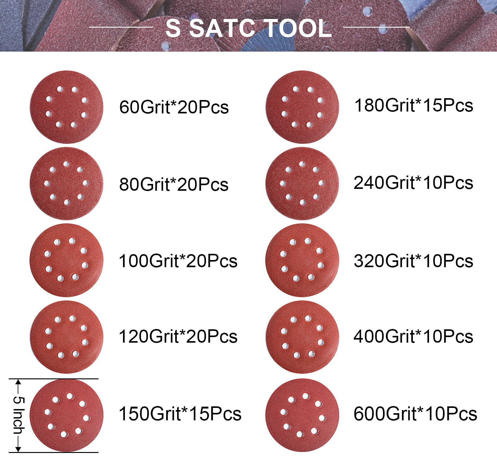 150PCS 5inch Sanding Discs 8-Hole Hook&Loop Orbital Sander Paper Pads 60-600Grit