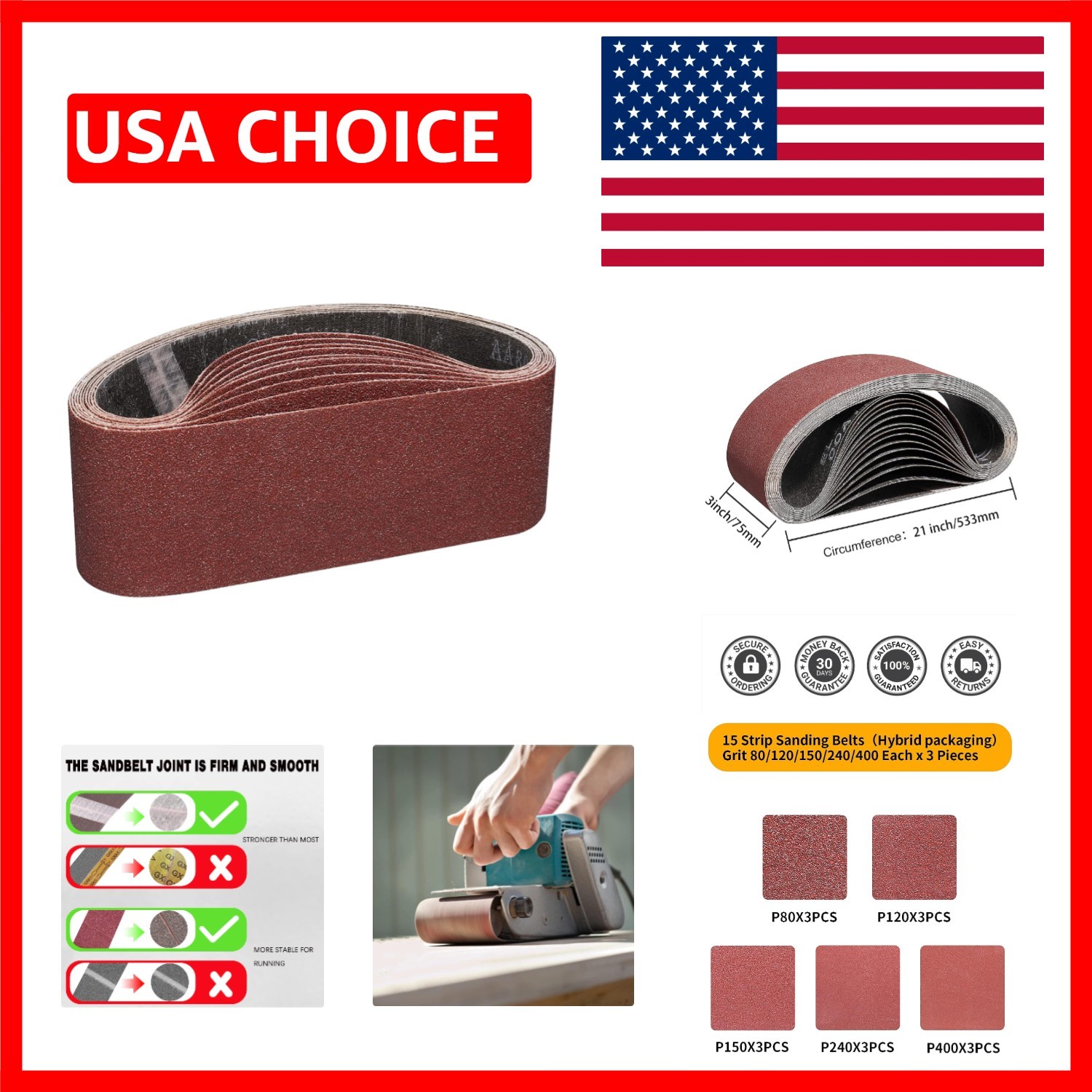 15 Pack Sanding Belts 3 x 21 Inch – Versatile Grits 80-400 for Quality Finishes
