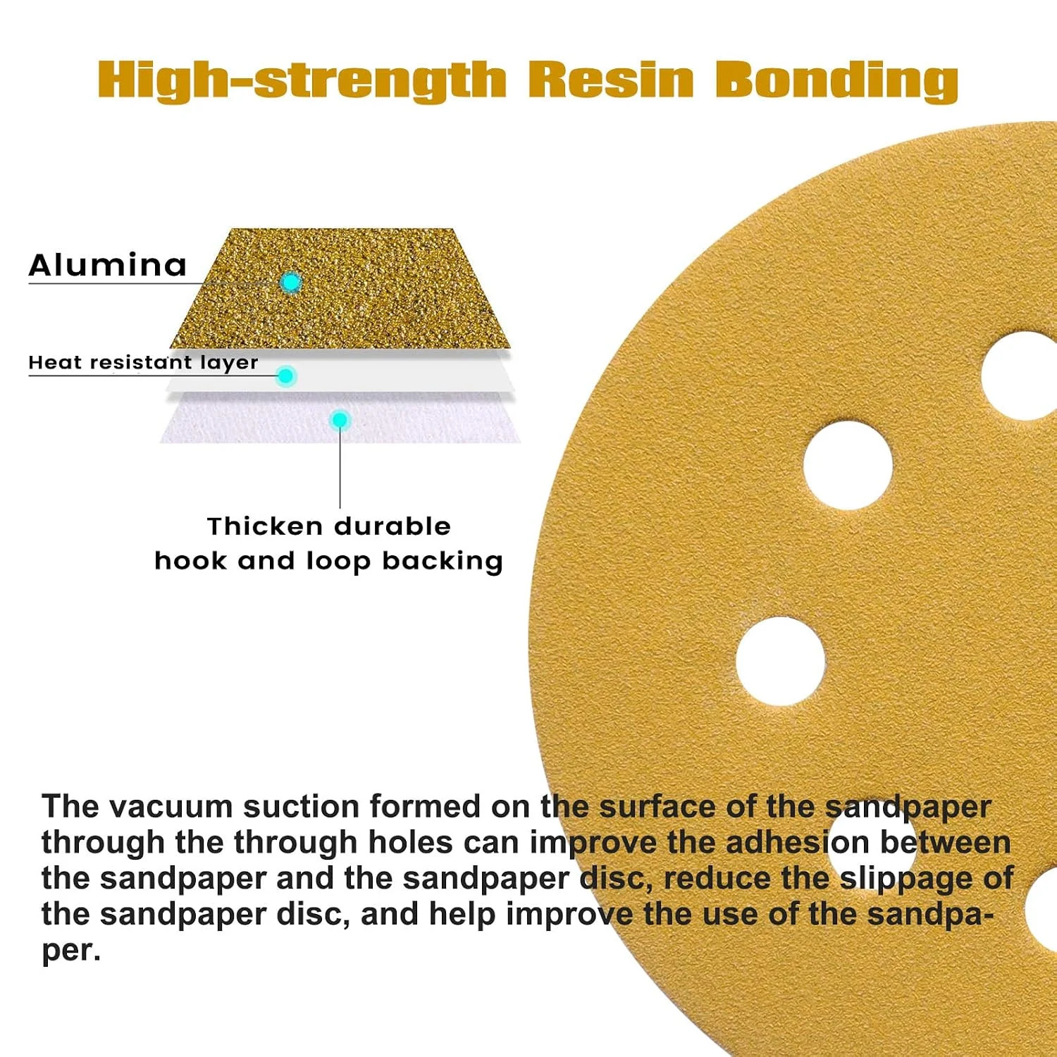100PCS 5 Inch 8 Hole Sanding Discs 60 Grit,Gold Round Hook and Loop Sandpaper fo