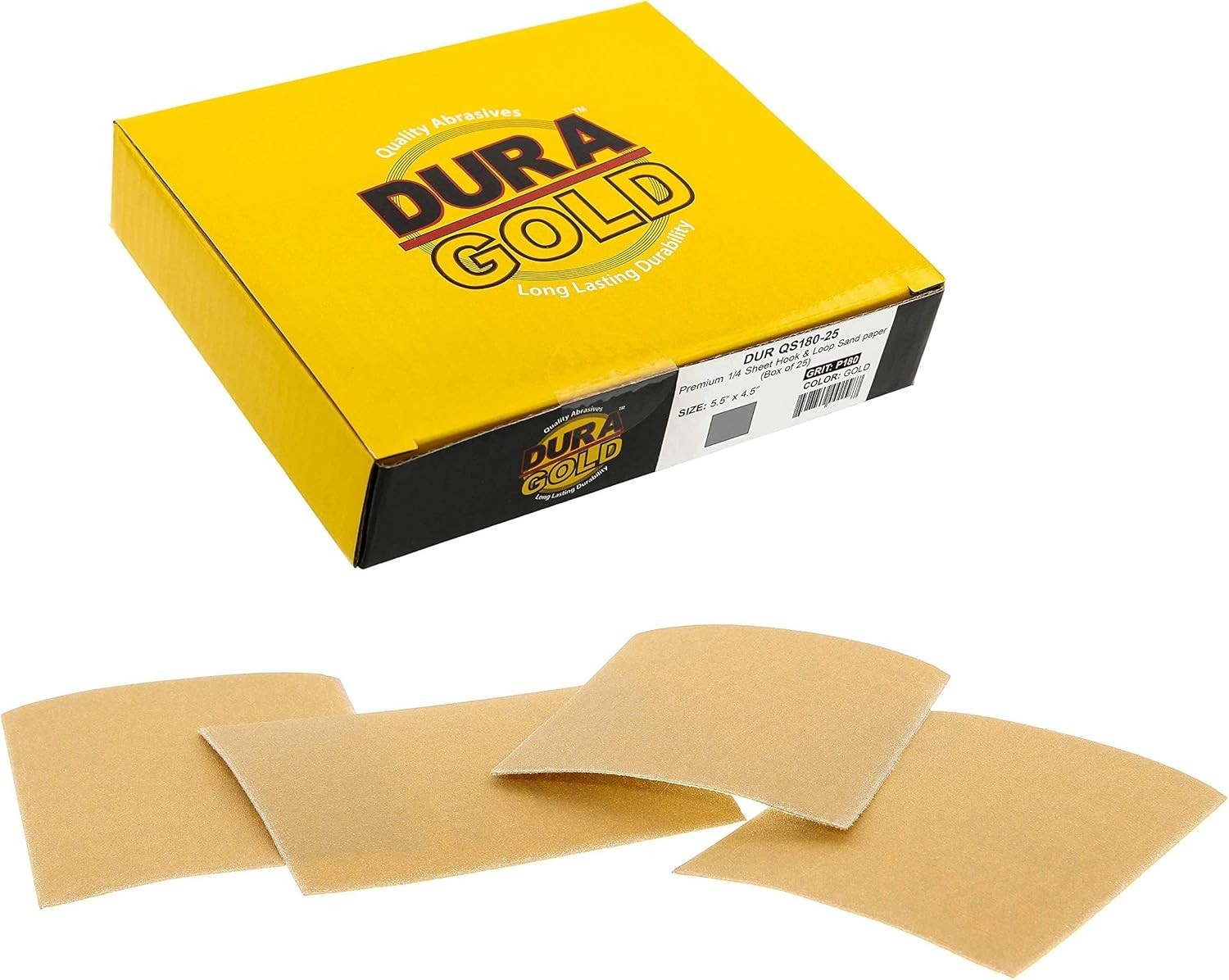 1/4 Sheet 180 Grit Sandpaper Gold Hook & Loop 4.5×5.5in for Palm Sander 25pcs