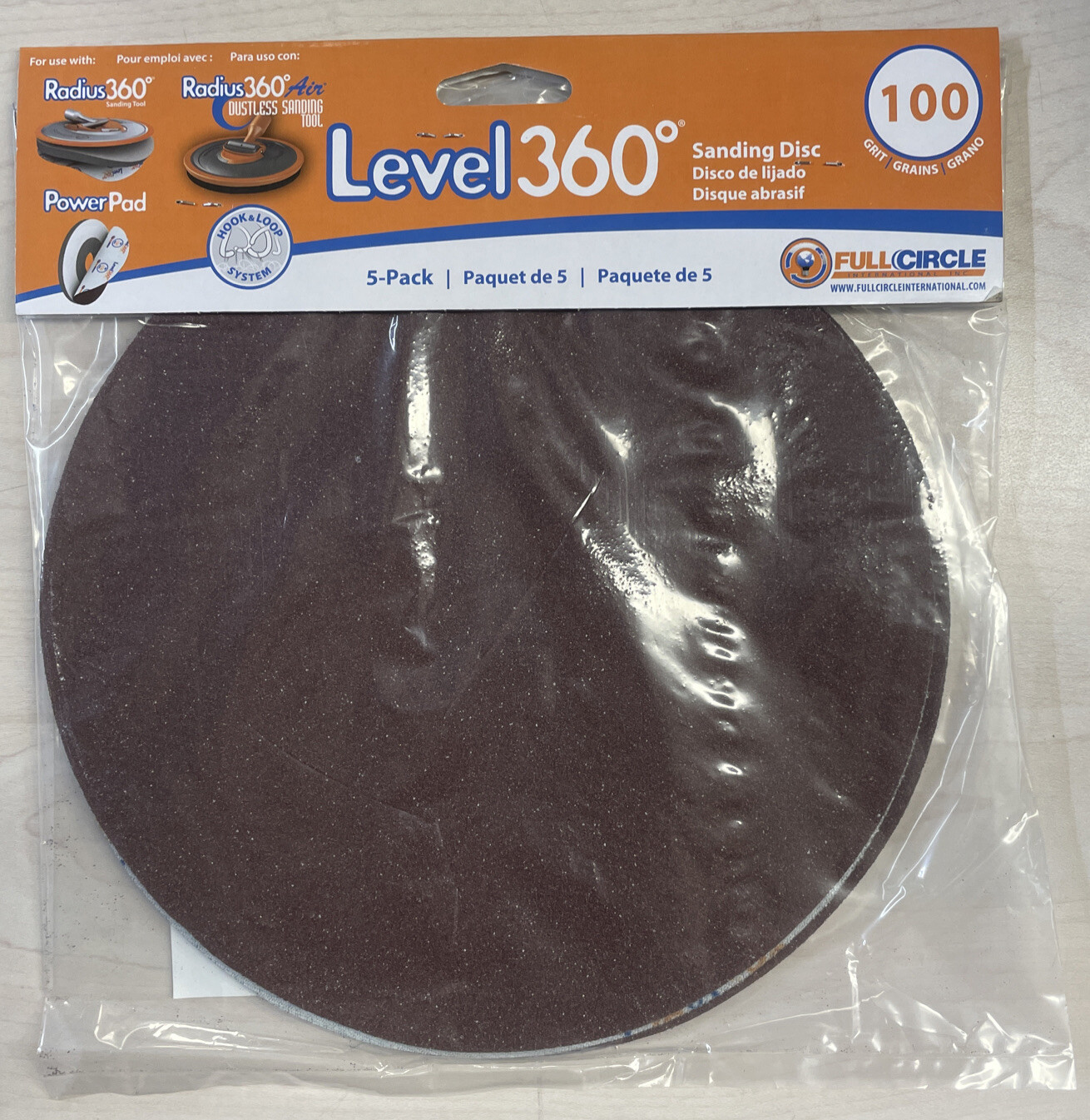 Level 360 Full Circle 100 Grit Hook & Loop Sanding Disc 8.75 inches, Pack Of 5