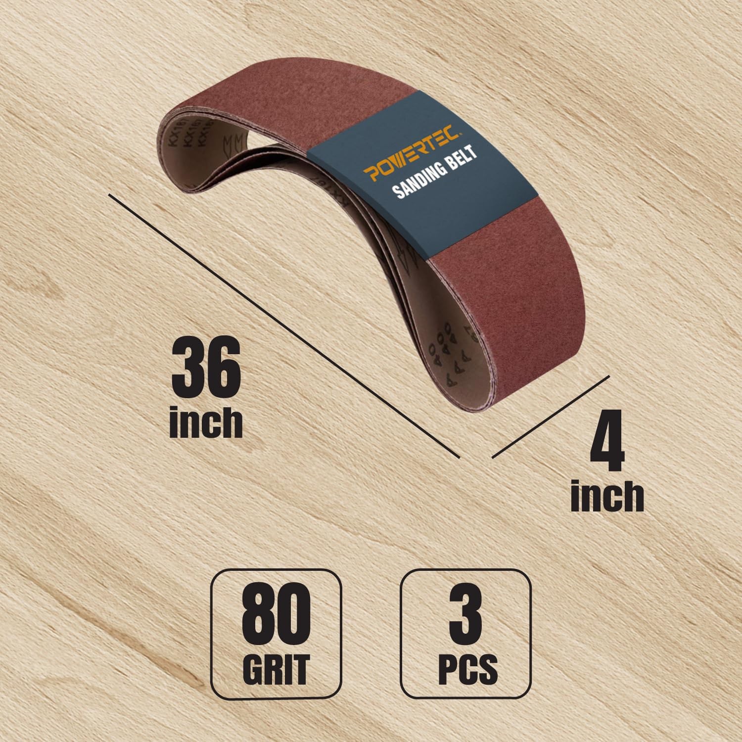 POWERTEC 3PK 4×36 Sanding Belts, 80 Grit Aluminum Oxide, 4 x AO, 80 Grit, 3pk