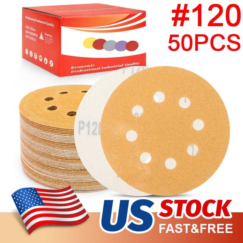 50Pc 5 inch Sanding Discs 8-Hole Hook Loop for Orbital Sander Paper 120 Grit Wet