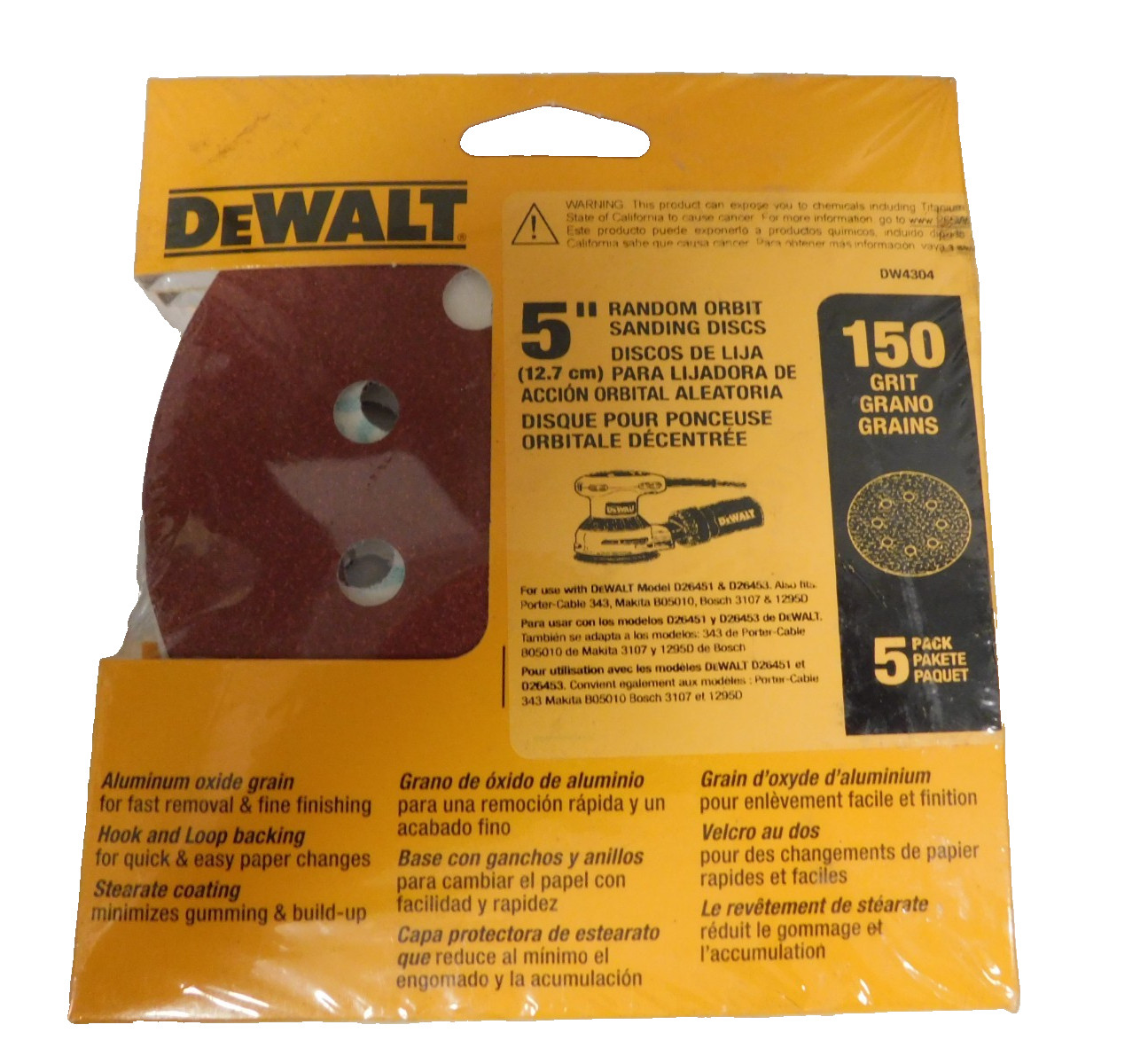 DEWALT DW4304 5Pk 5″ 150 Grit 8 Hole Hook And Loop Sanding Disc