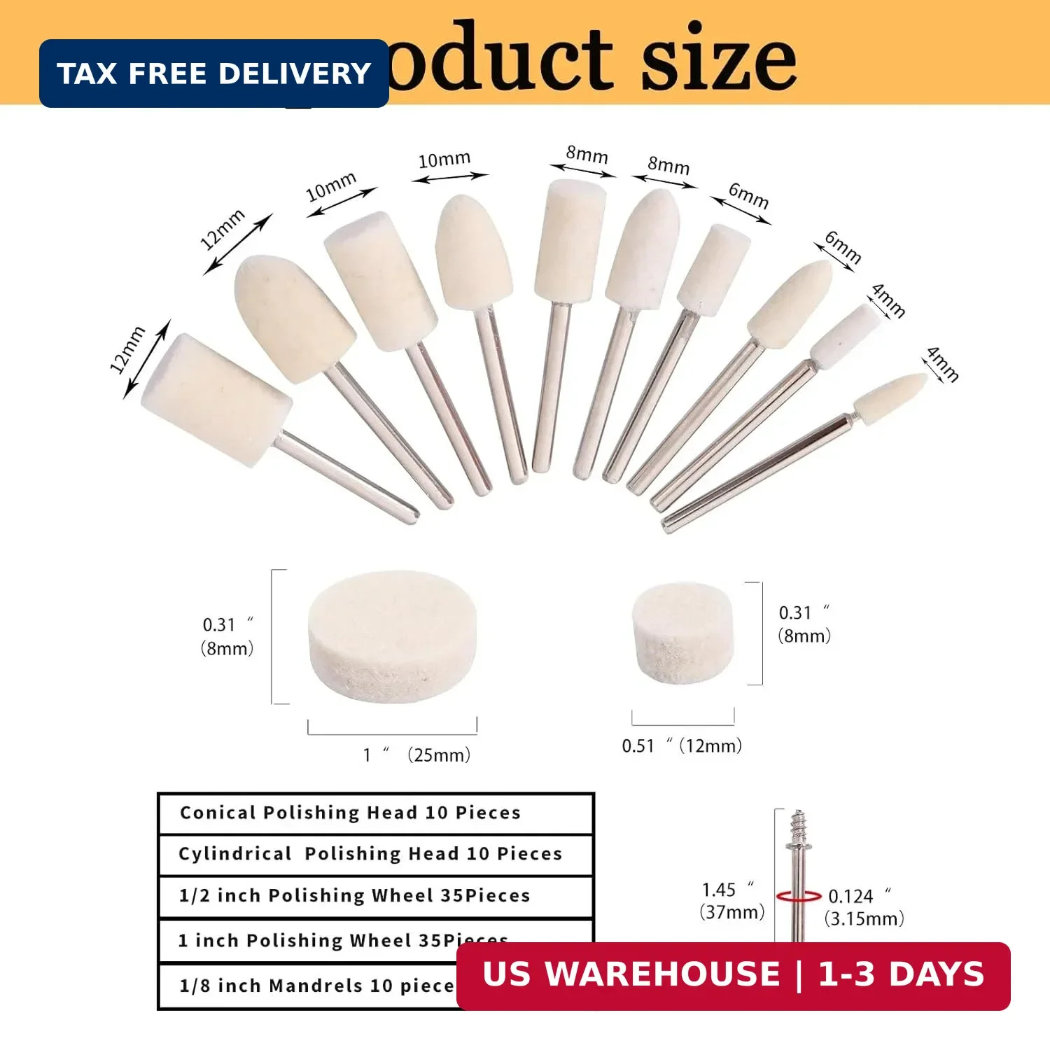 100PCS Felt Buffing Wheel Polishing Kit for Dremel 1/8″ Shank Rotary Tool