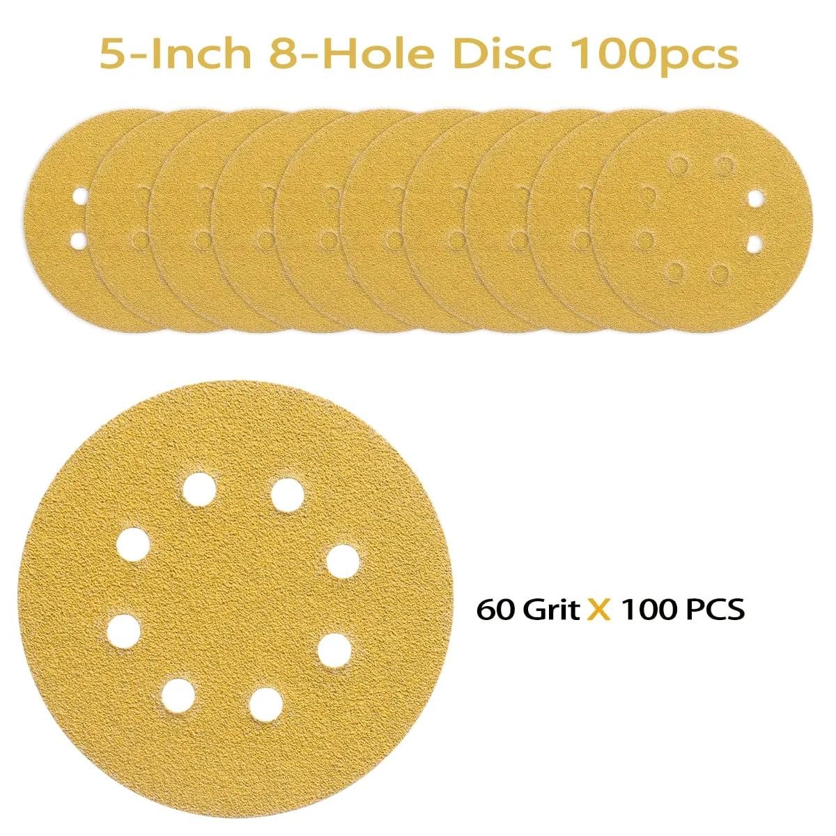 100PCS 5 Inch 8 Hole Sanding Discs 60 Grit,Gold Round Hook and Loop Sandpaper fo
