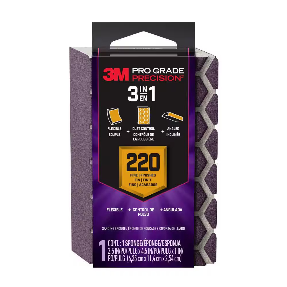 Pro Grade Precision 2.5 In. X 4.5 In. X 1 In. Fine 220 Grit 3-In-1 Sanding Spong