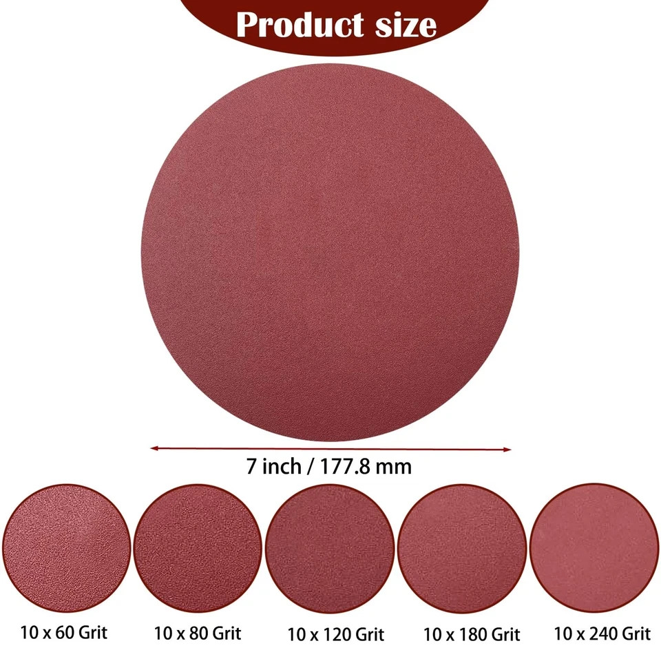 50 PCS 7 Inch Sanding Discs Set – 60 80 120 180 240 Grits Sandpaper, 7″ Hook-…