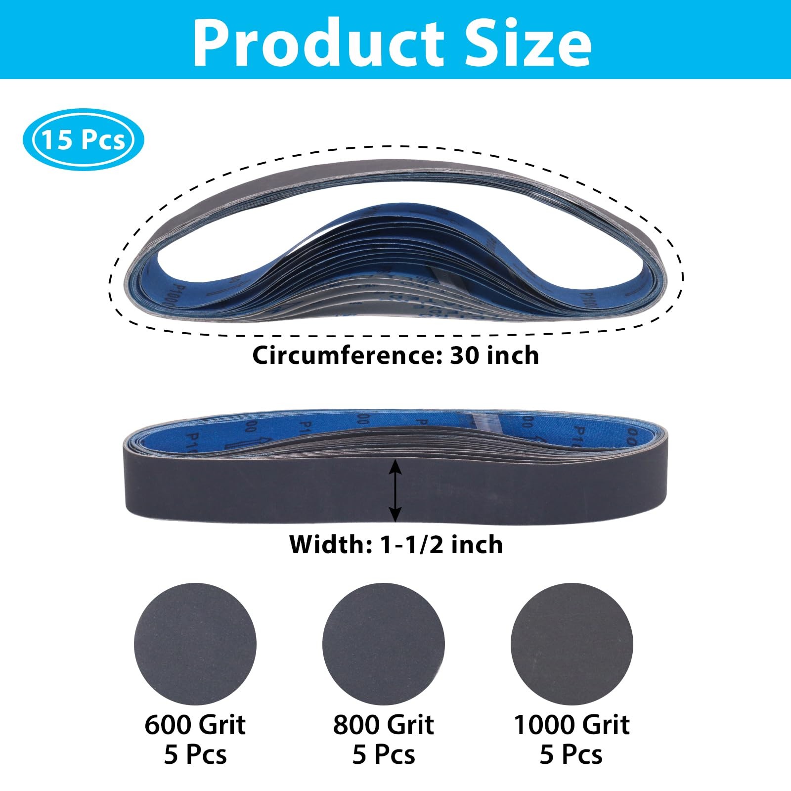 15 Pack 1-1/2 x 30 Inch Sanding Belts, Extra Fine Grit Silicon 1.5×30 inch