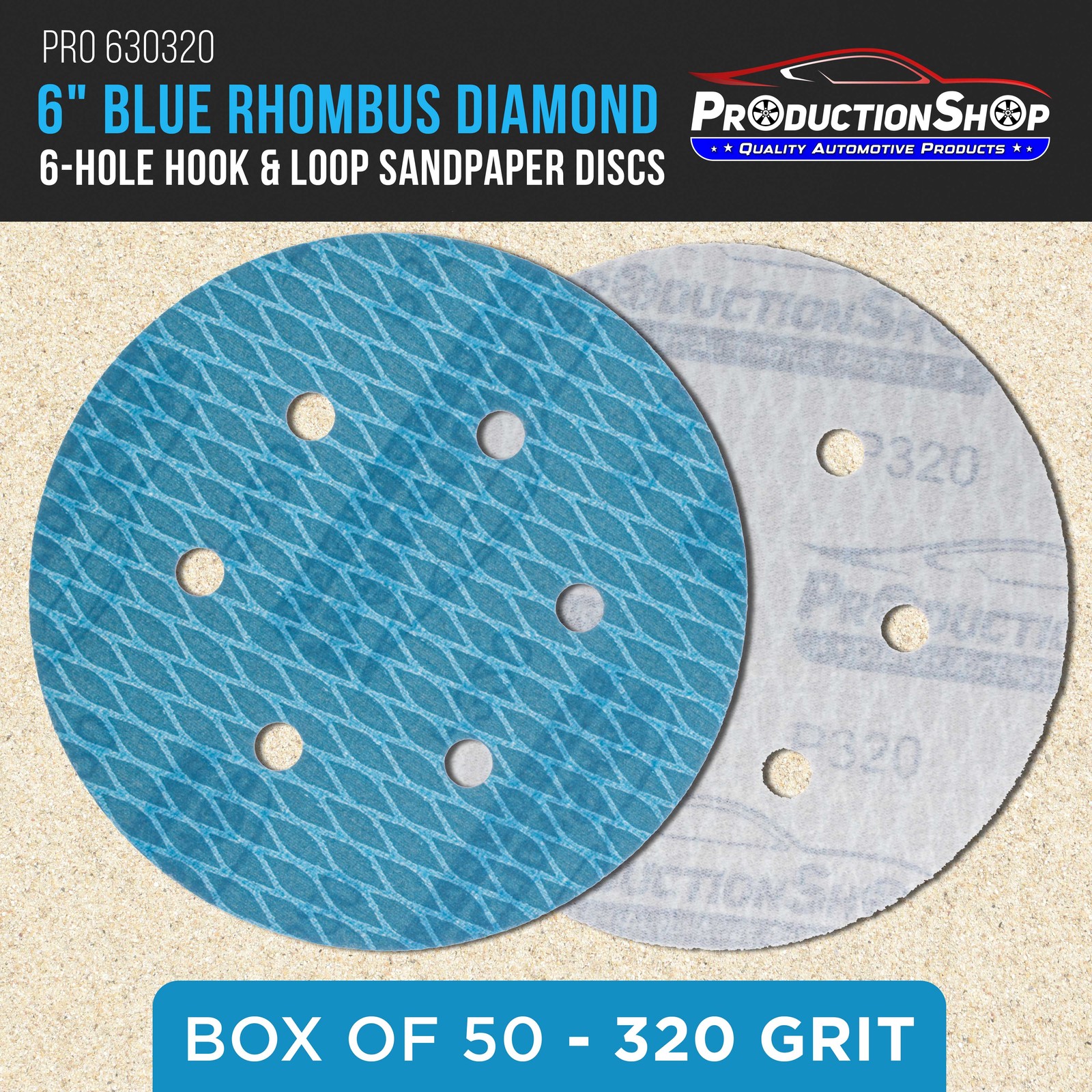 320 Grit 6″ Diamond Shape Sanding Discs, 6-Hole, Box of 50 Hook & Loop Sandpaper