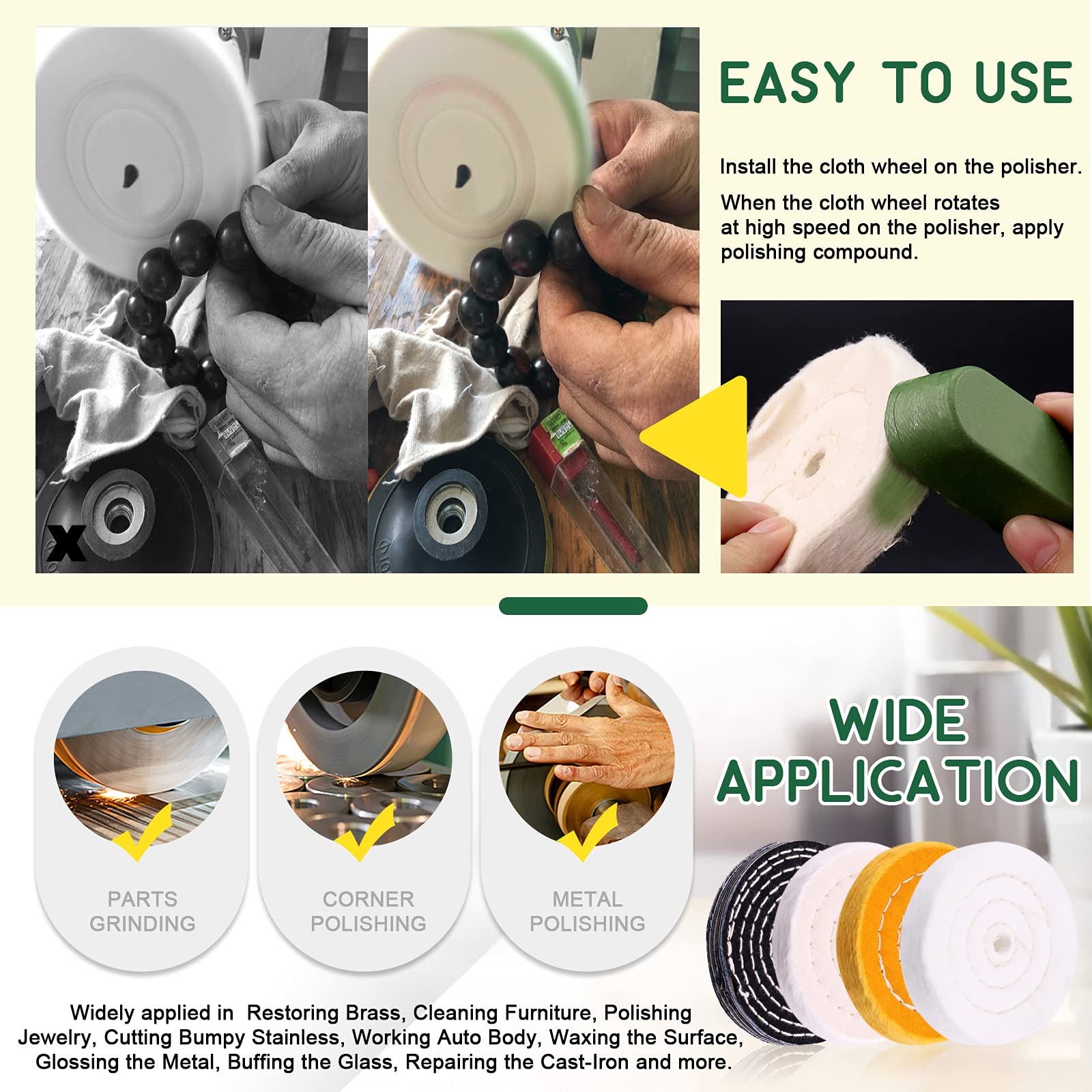 Buffing Polishing Wheel Kit W/ Compounds For Bench Grinder 1/2″ Arbor 8PC 4″