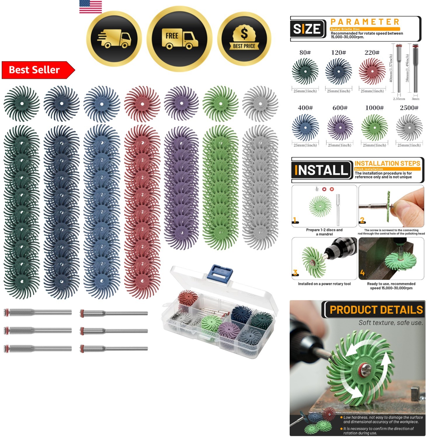 Radial Bristle Disc Kit 76pcs for Metal Wood Jewelry Polishing Abrasive Brush