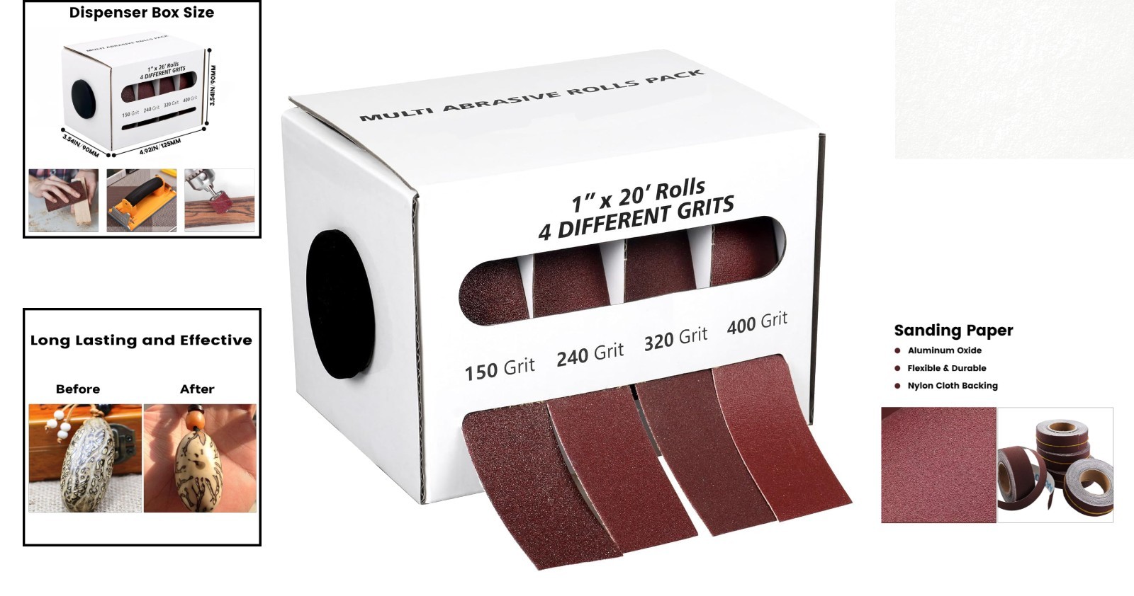 1” x 20FT Aluminum Oxide Sandpaper Rolls – 4 Grits for Metal & Wood Working