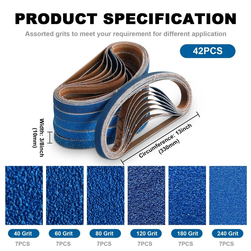 3/8 x 13 Inch Zirconia Sanding Belts, 42 Pcs 7 Each of 40/60/80/120/180/240 A…