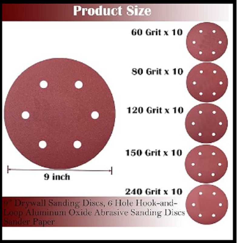 50 Pcs 9-Inch 6-Hole Hook-And-Loop Sanding Discs Sander Paper for Drywall Sander