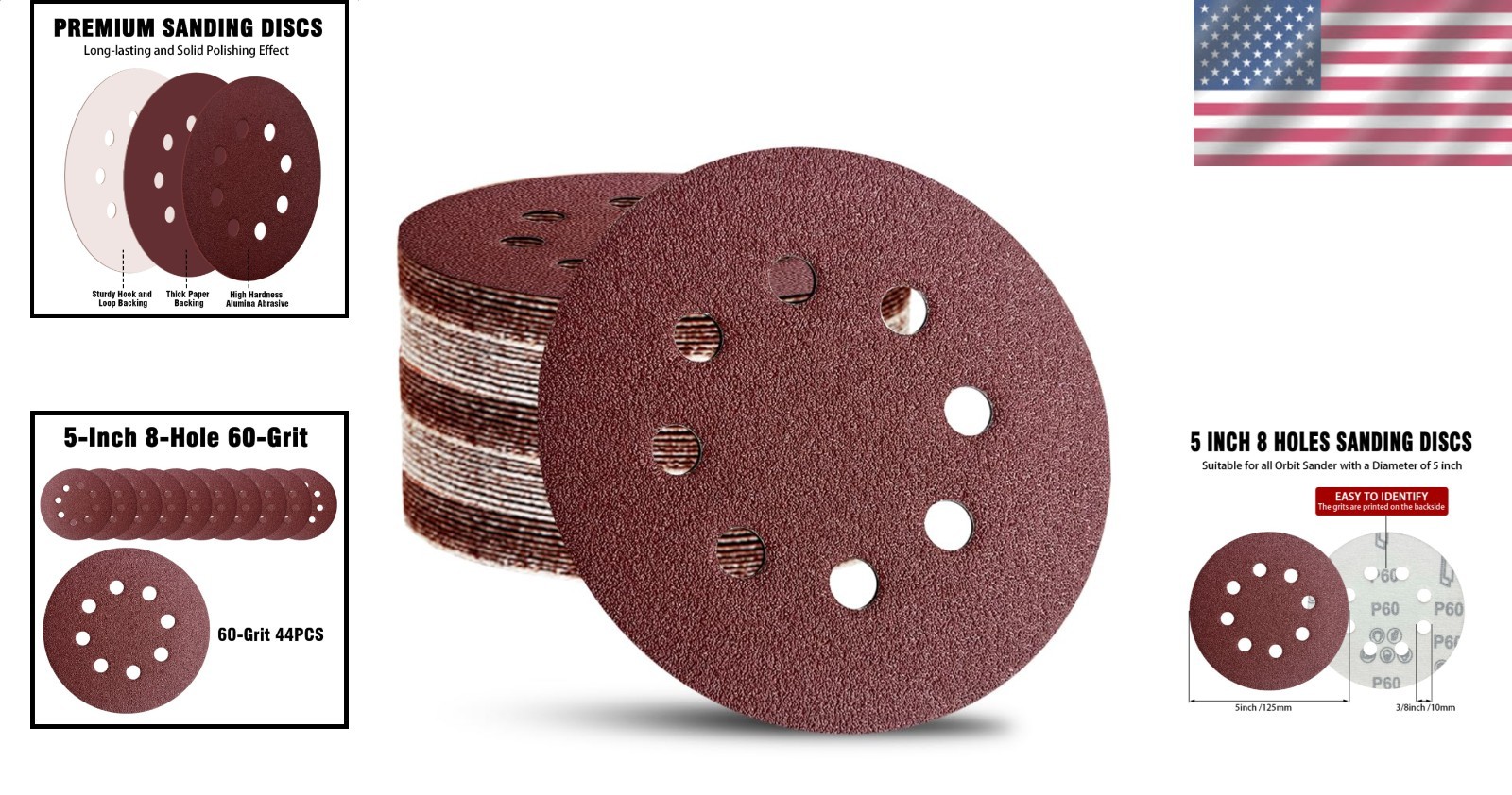44 Pack 5 Inch 60 Grit Sandpaper Hook & Loop for Orbital Sander