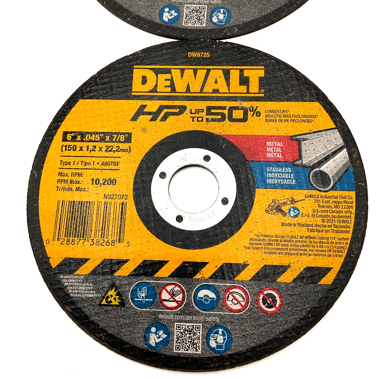 Lot of 2 DeWALT DW8725 6″ Metal Cut-Off Wheels Type 1 6″x.045″x7/8″
