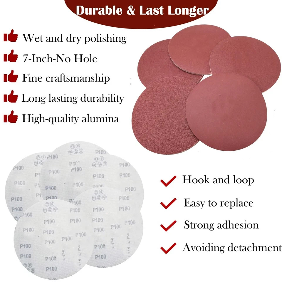 50 PCS 7 Inch Sanding Discs Set – 60 80 120 180 240 Grits Sandpaper, 7″ Hook-…