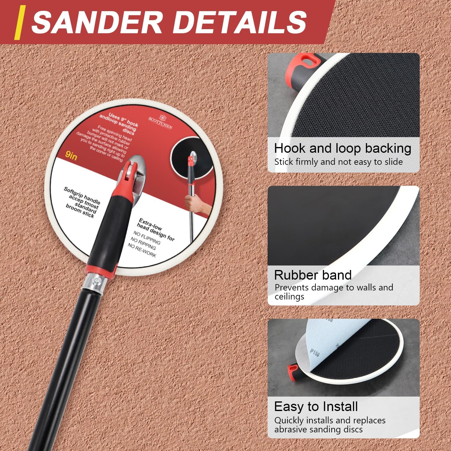 Drywall Pole Sander,9 Inch Radial Round Pole Sander with 47inch Extension Pol…