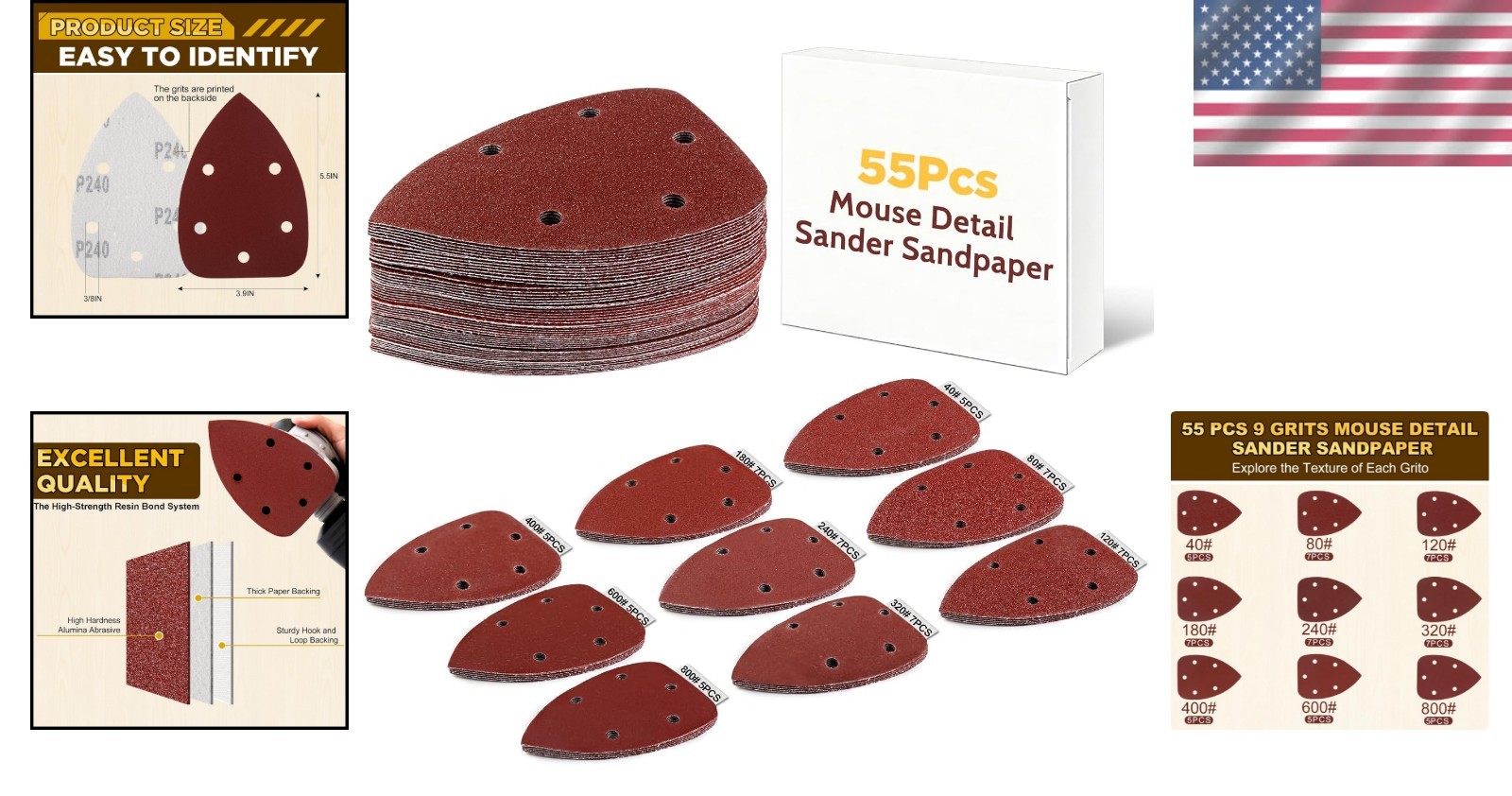 55pcs Mouse Detail Sander Sandpaper Triangle Sanding Pads 9 Grits 40-800