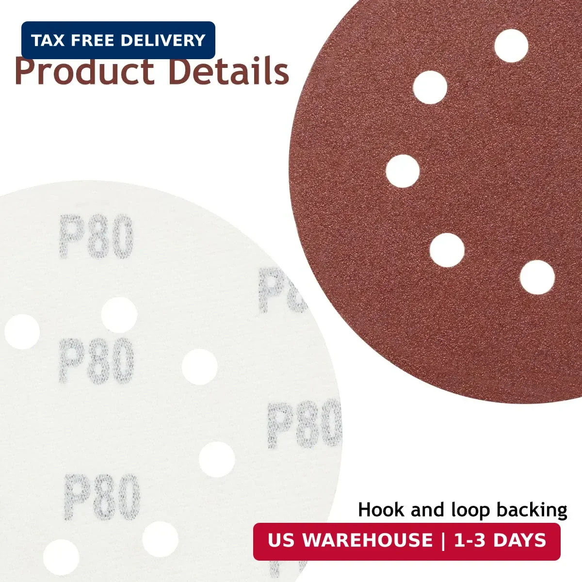 5 Inch 8 Hole Sanding Discs Hook and Loop, 50 PCS 80 Grit Round Sand Paper Disc,