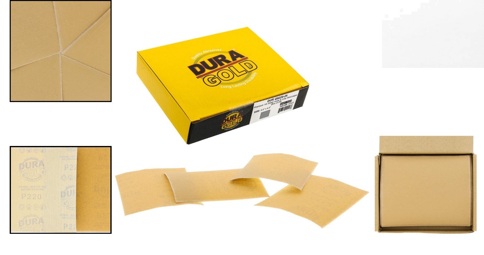 Box of 25 High-Performance 220 Grit Gold Sandpaper Sheets – Hook & Loop Backing