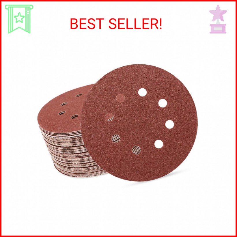 SUPBICCO 5 Inch 8 Hole Sanding Discs Hook and Loop, 50 PCS 80 Grit Round Sand Pa