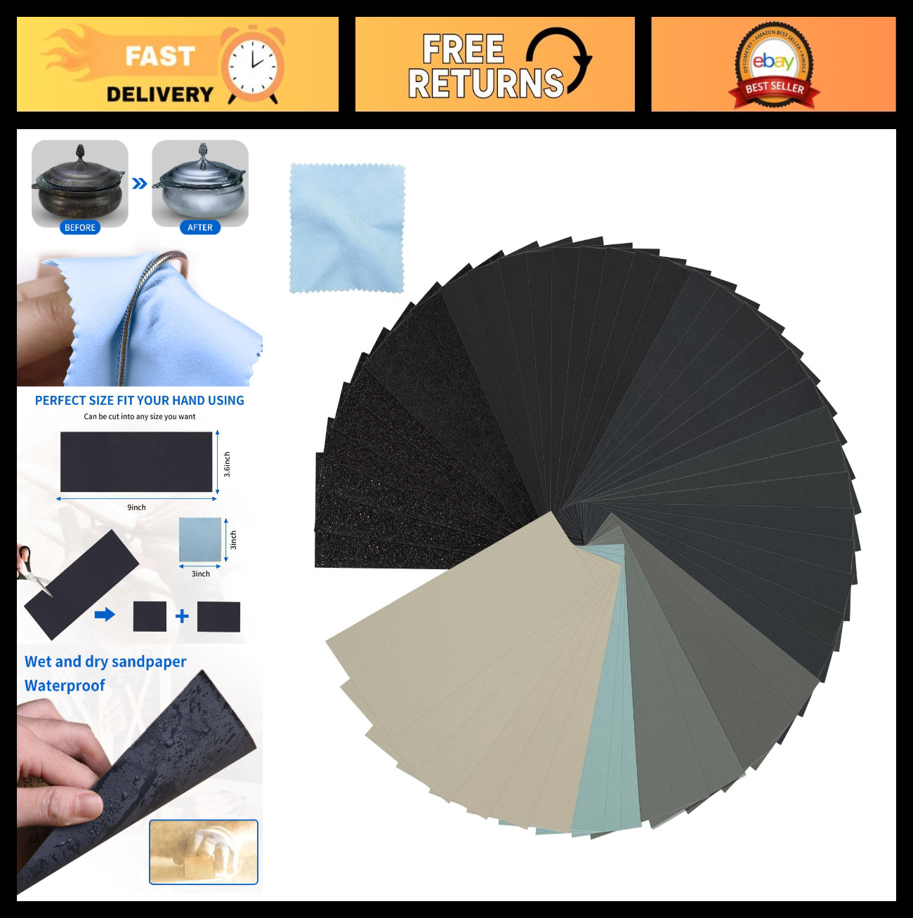 Ultra Fine Sandpaper Set 400-20000 Grit Wet Dry 9×3.6 Inch for Wood, Metal, Auto