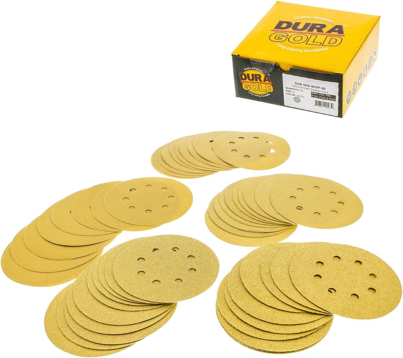 5″ Gold Sanding Discs Variety Pack – 50 Pieces with 8-Hole Hook and Loop Backing