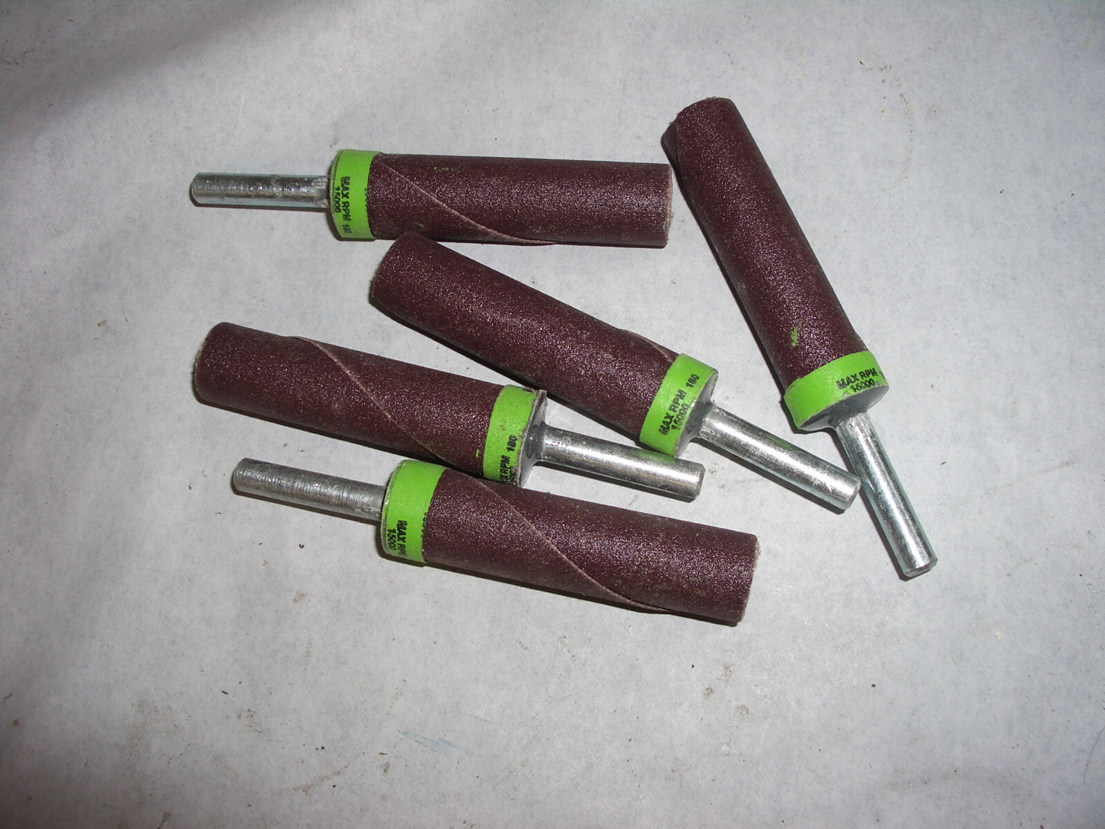 lot of 5 each 1/4″ shank 180 grit sanding/deburring/grinding roll 5/8″ x 2-1/2″