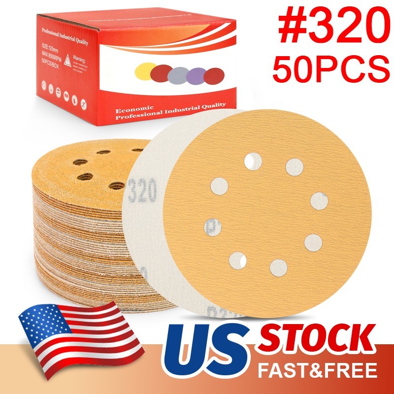 50Pc 5 inch Sanding Discs 8-Hole Hook Loop for Orbital Sander Paper 320 Grit Wet