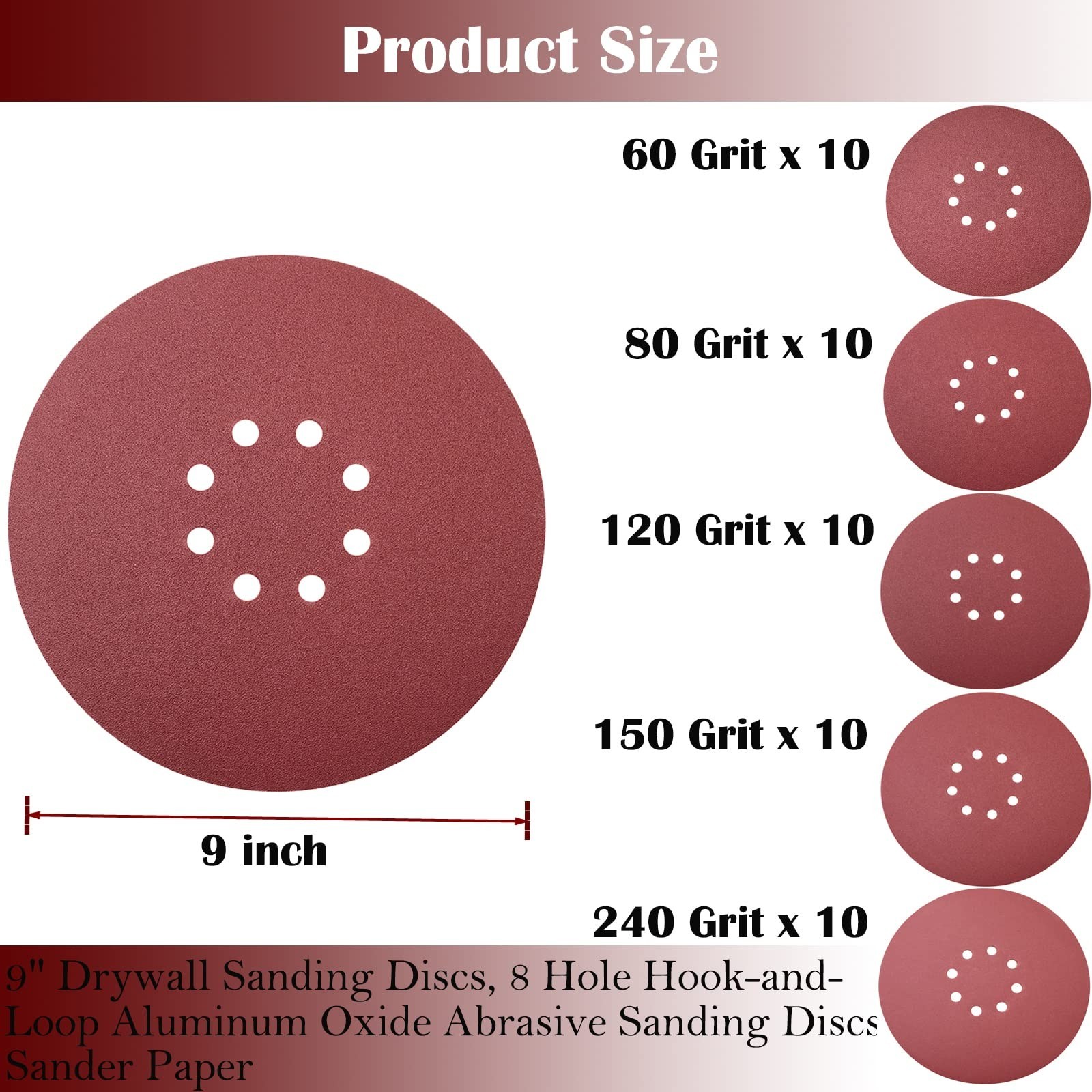 50 PCS 9″ Drywall Sanding Discs – 60-240 Grit Hook-and-Loop Sandpaper for Home U