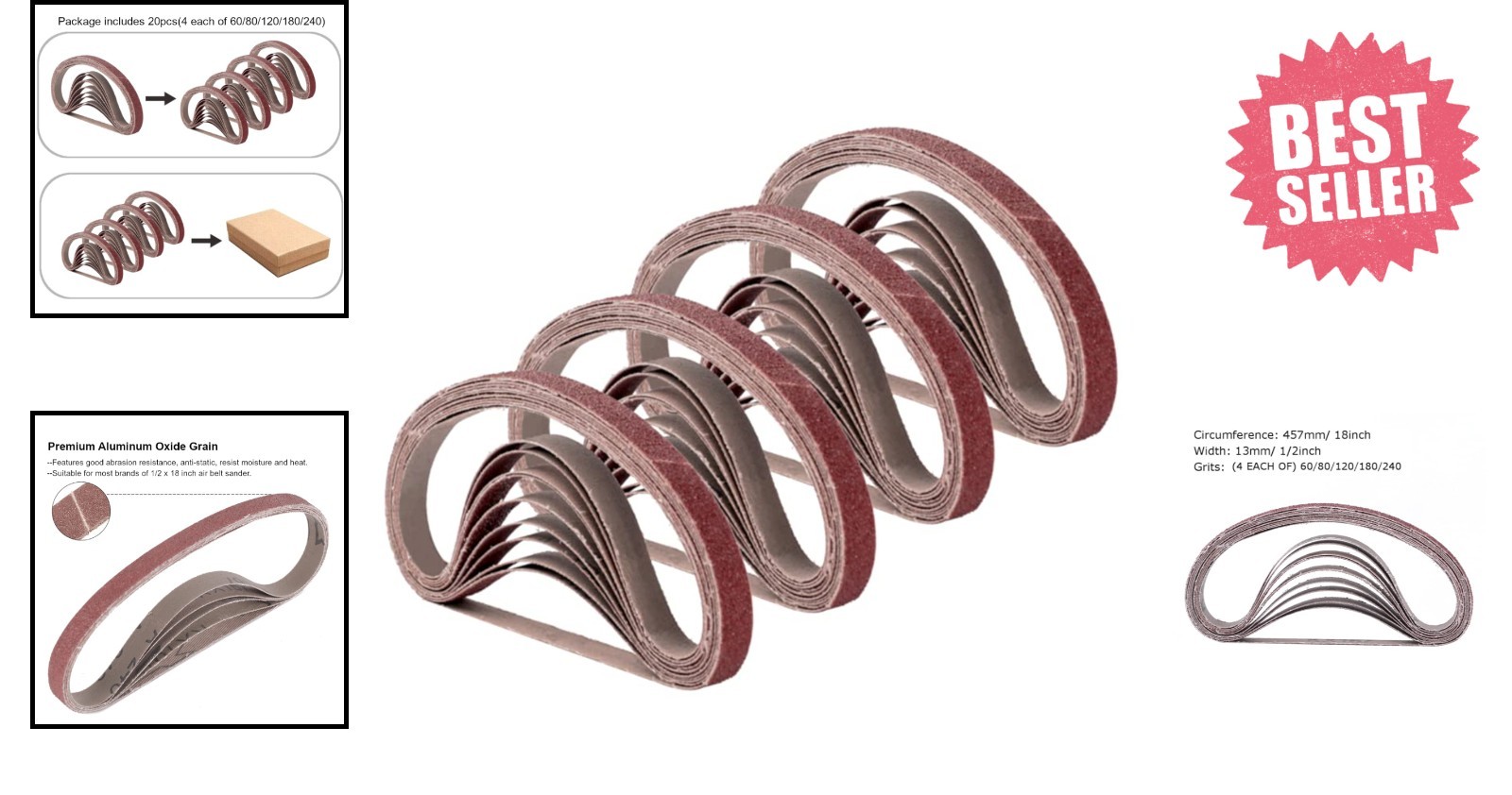 Durable 20-Piece Sanding Belt Set – 1/2×18 Inch, Ideal for Polishing & Finishing