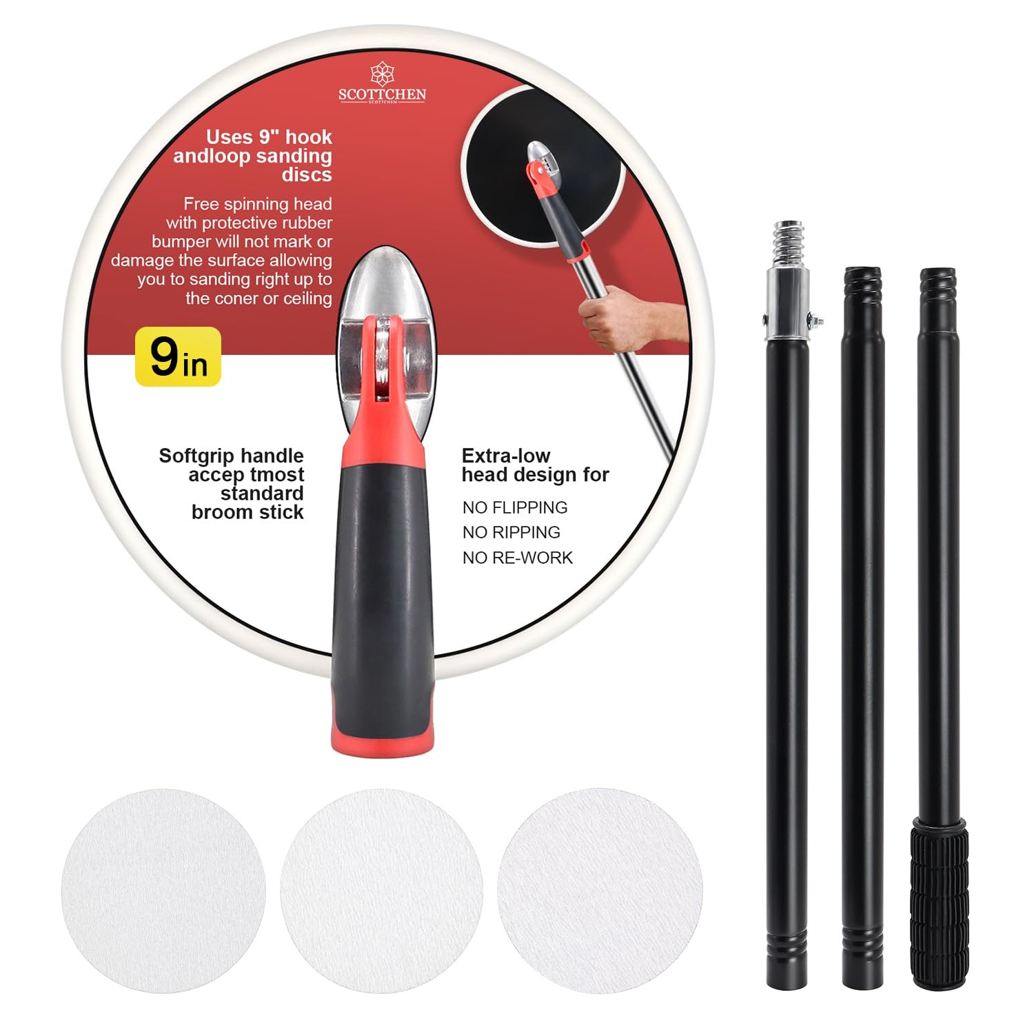 Drywall Pole Sander,9 Inch Radial Round Pole Sander with 47inch Extension Pol…