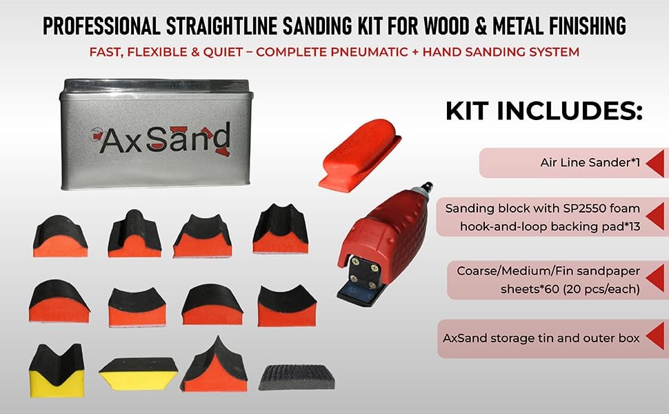AxSand Straight Line Air Sander +13 contoured sanding blocks + 60 Sandpaper s…