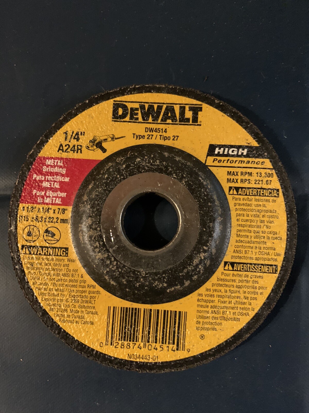 Dewalt DW4514 High Performance Metal Grinding Wheel 4-1/2-in x 1/4-in x 7/8-in