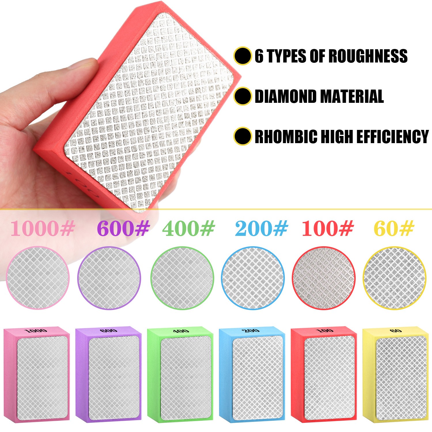 6Pcs Hand Diamond Polishing Pads Sanding Blocks Set Grit 60/100/200/400/600/1000