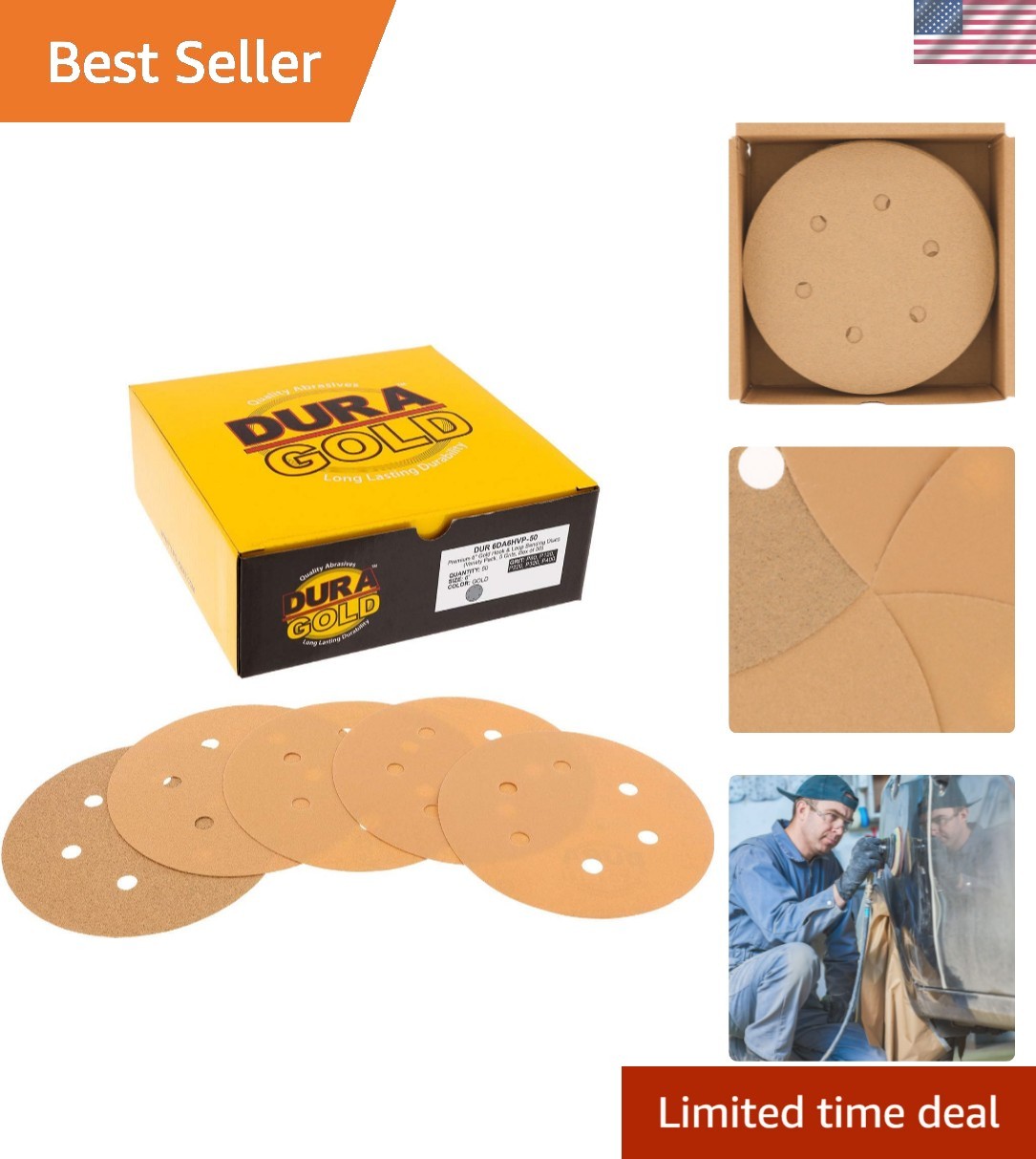 80, 120, 220, 320, 400 Grit 6″ Gold Sandpaper Discs, 6 Hole Pattern Dustless,…