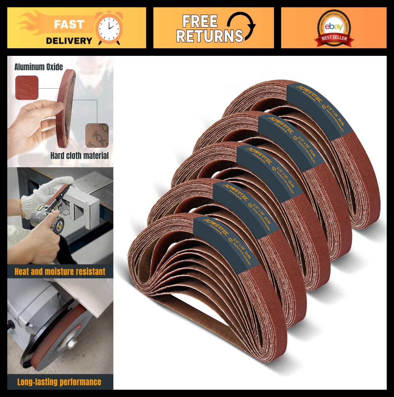1/2″ x 18″ Sanding Belts Assortment 50PK – 10 Each of 40/80/120/180/240 Grits fo