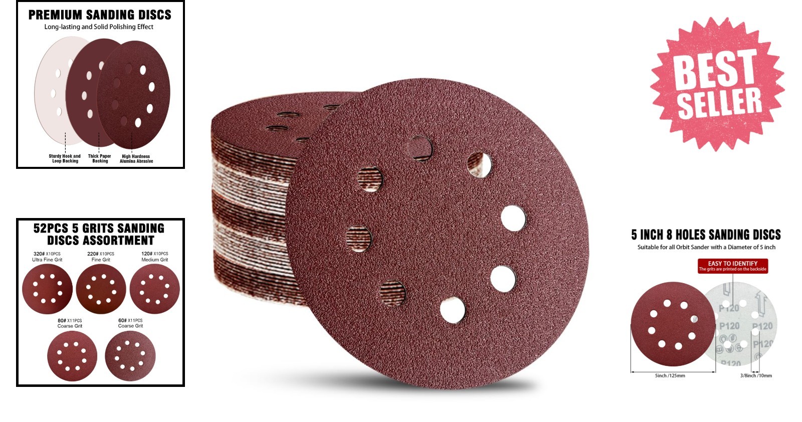 52-Pack 5-Inch Hook and Loop Sanding Discs with Mixed Grits for Orbital Sanders