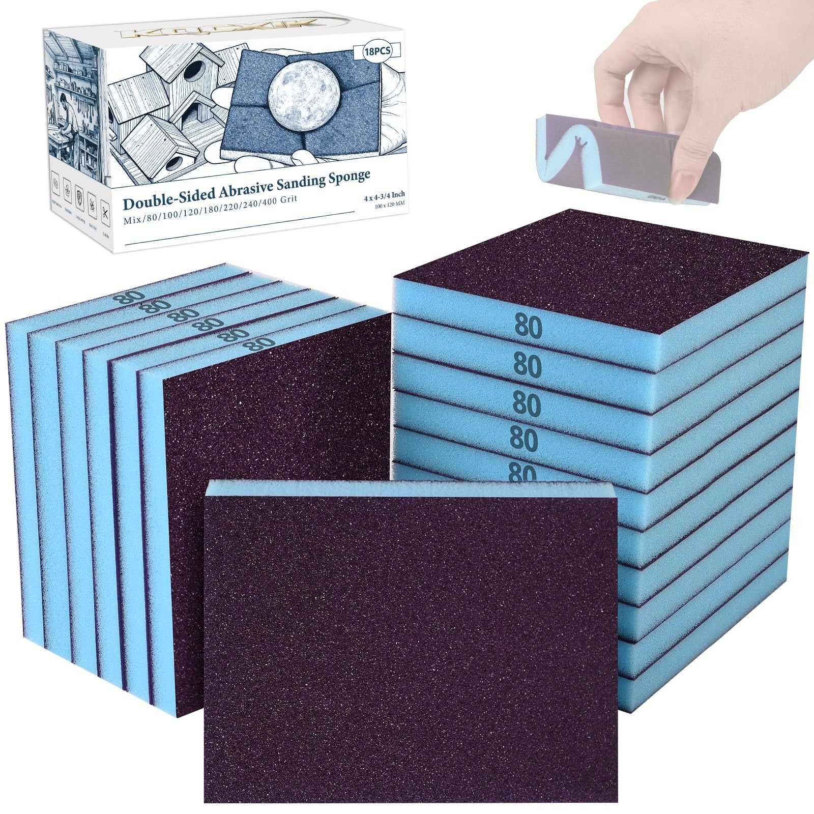 18 PCS DoubleSided Sanding Sponge Wet Dry 80 Grit For Wood Furniture