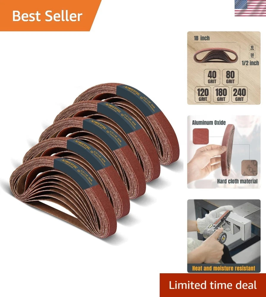 1/2 x 18 Inch Sanding Belts, 50PK, 10 each of 40/80/120/180/240 Grits, Alumin…