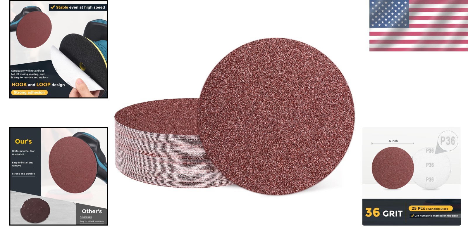 25 Pcs 6 Inch Sanding Discs, 36 Grit Hook and Loop Sandpaper, No-Hole Aluminu…
