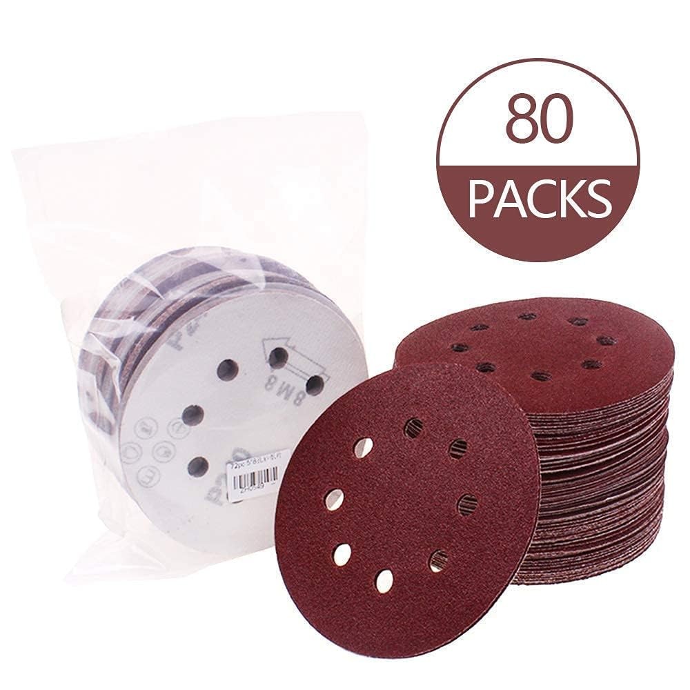 80 Pack 5 Inch Sanding Discs Kit 8 Hole Sander for Drill Polishing Pad Hook