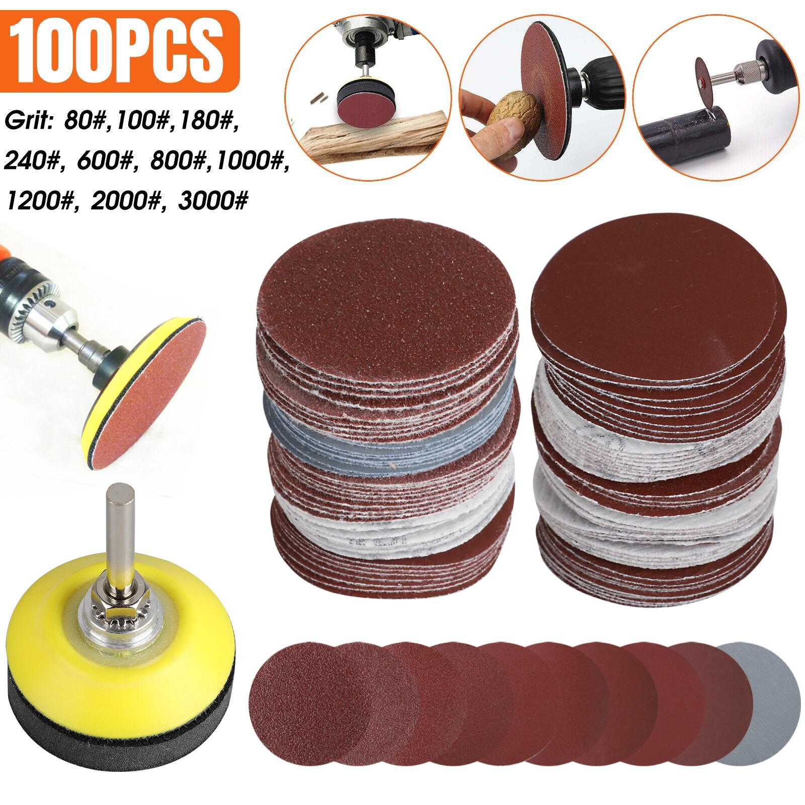 100PCS 2″ Sanding Disc Sand Paper Hook Loop Sander+Backer Pad+M6 Drill Adapter