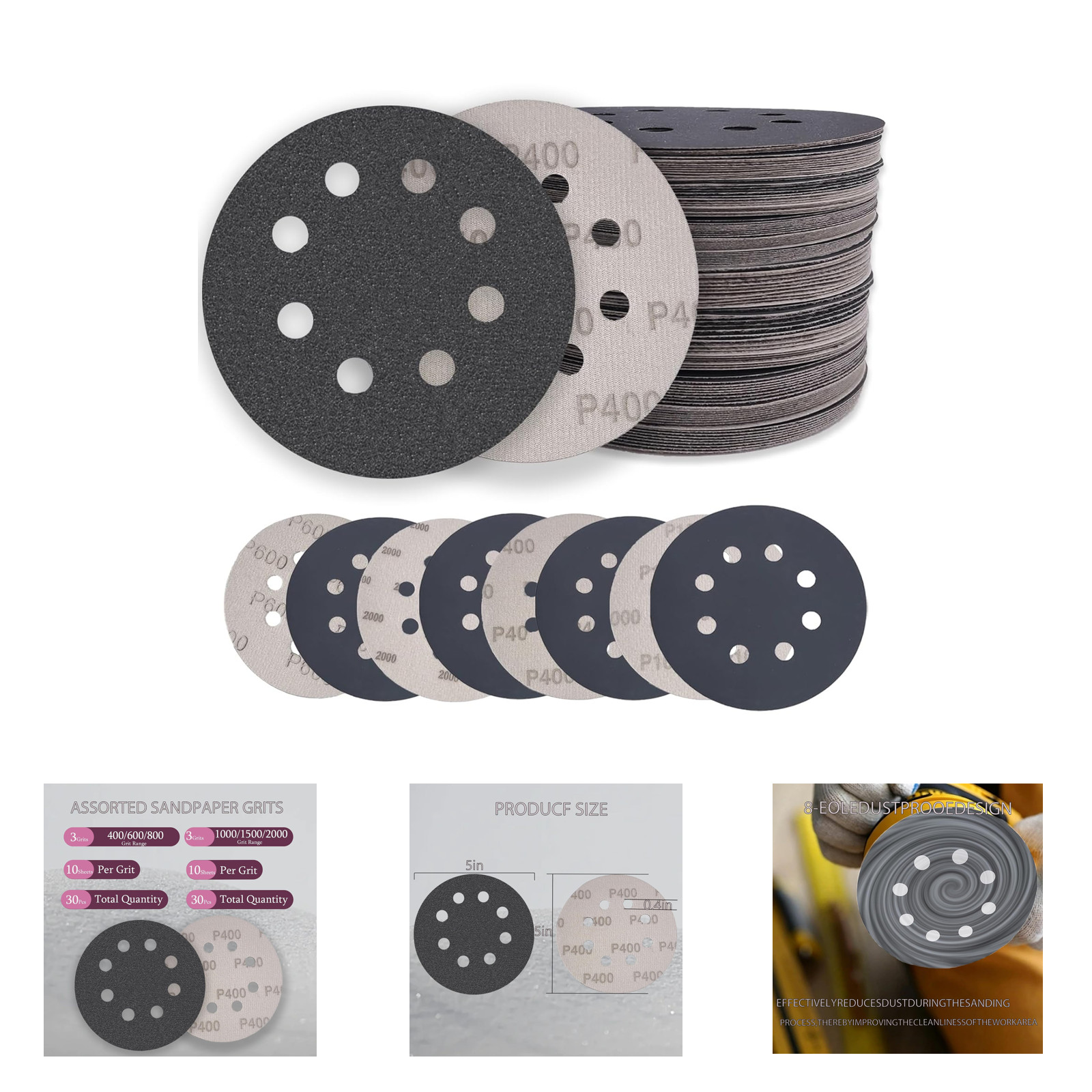 60 Pack 5 Inch Wet Dry Hook Loop Sanding Discs Silicon Carbide Assorted Grits